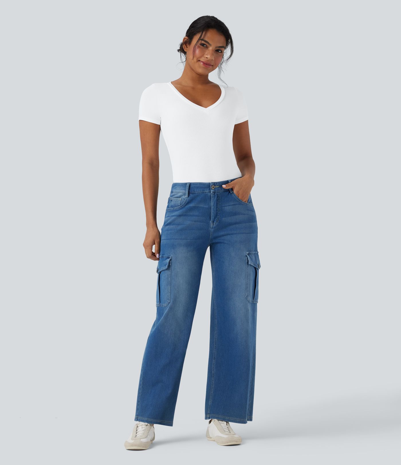 Ribbed Knit V-neck Short Sleeve Work Bodysuit