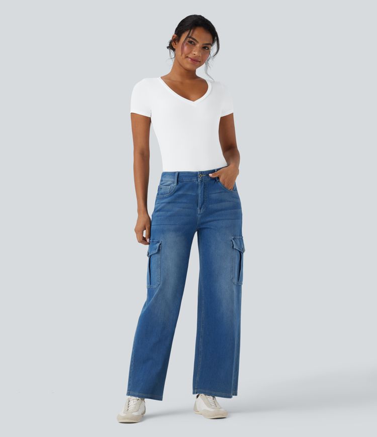 Ribbed Knit V-neck Short Sleeve Work Bodysuit