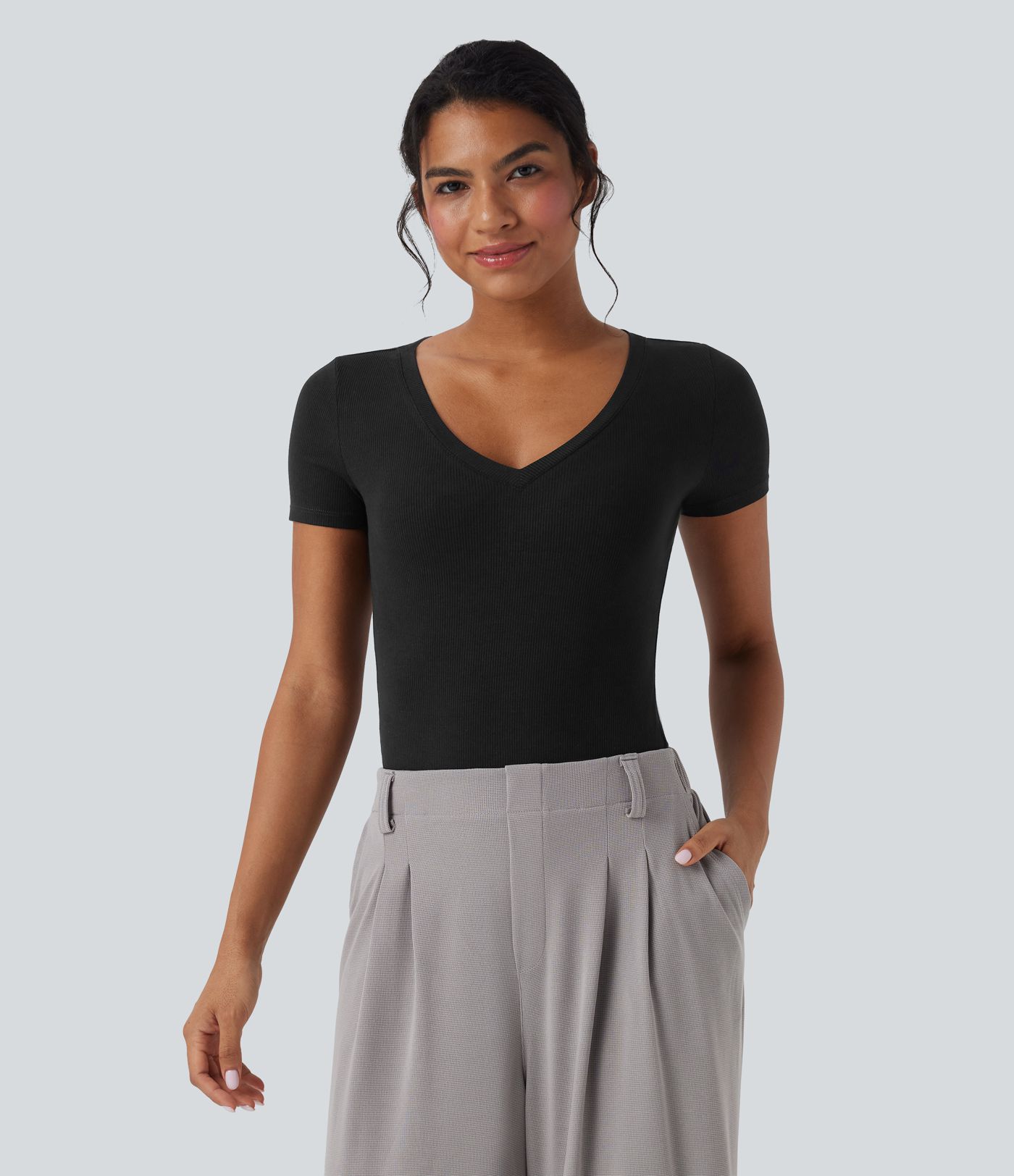 Ribbed Knit V-neck Short Sleeve Work Bodysuit