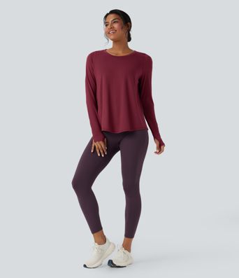 Long Sleeve Thumb Holes Curved Hem Yoga Sports Top