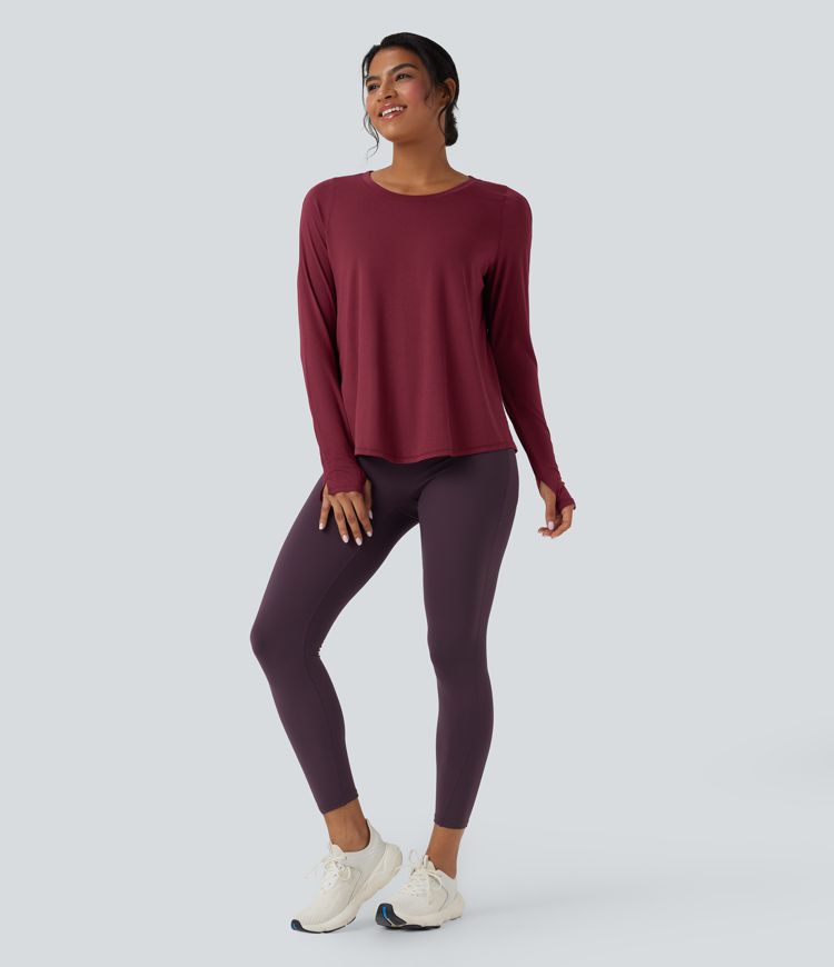 Long Sleeve Thumb Holes Curved Hem Yoga Sports Top