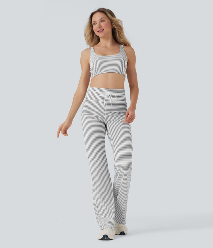High Waisted Drawstring Stripe Flare Yoga Pants with Pockets