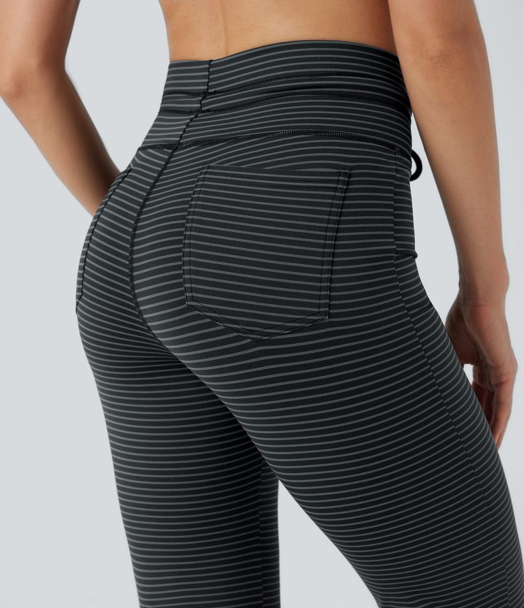 Pantalon de yoga évasé à rayures, taille haute, cordon et poches