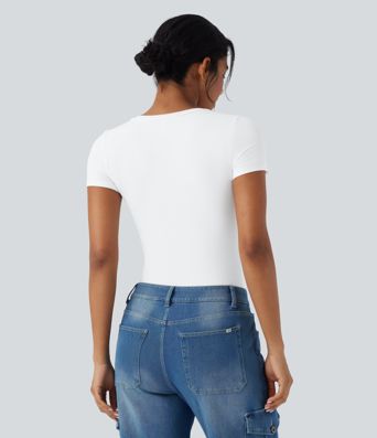 Ribbed Knit V-neck Short Sleeve Work Bodysuit