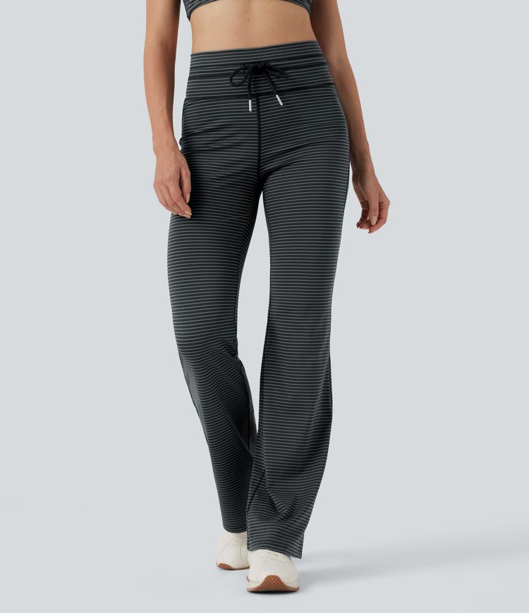 Pantalon de yoga évasé à rayures, taille haute, cordon et poches