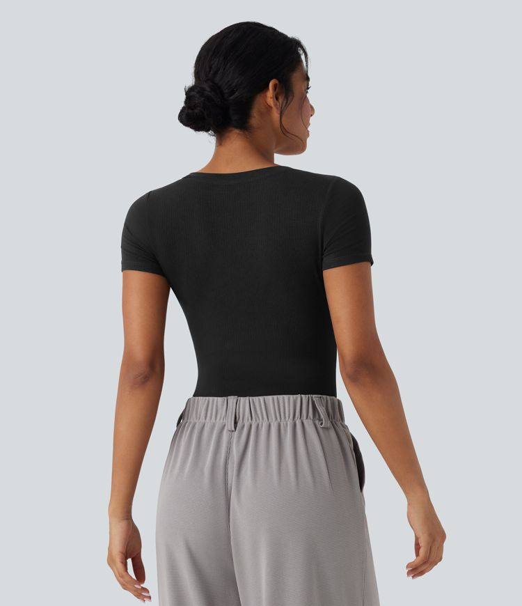 Body de travail maille côtelée col V manches courtes