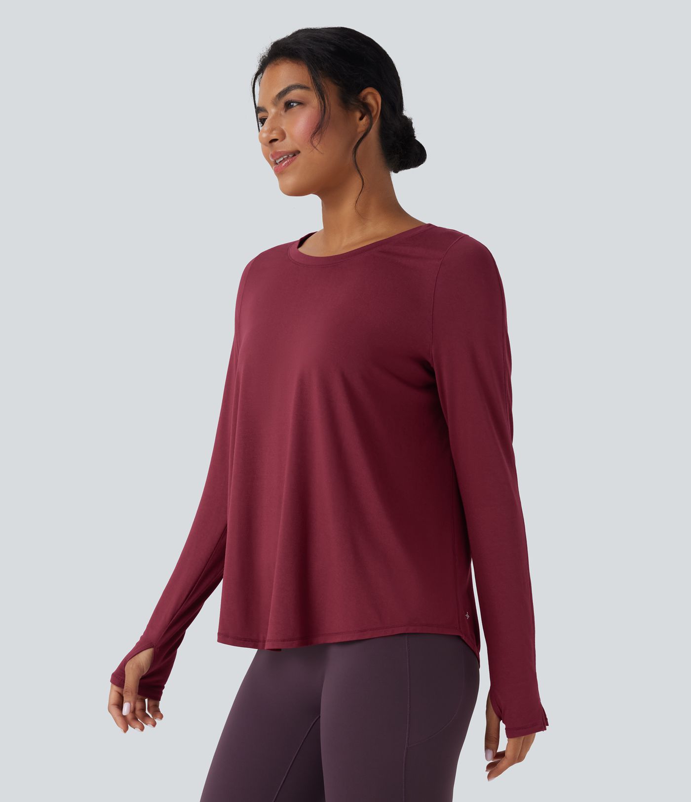 Long Sleeve Thumb Holes Curved Hem Yoga Sports Top