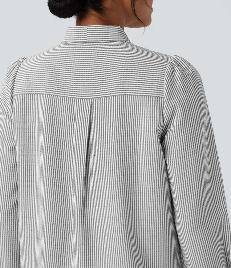 Camisa casual a rayas de manga larga con lazo frontal