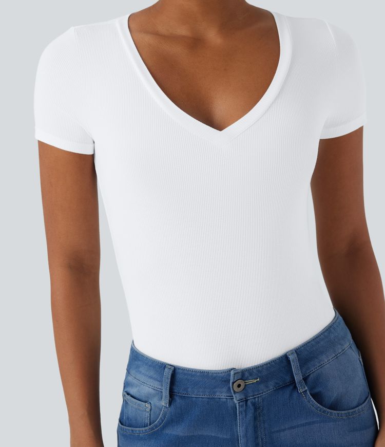 Ribbed Knit V-neck Short Sleeve Work Bodysuit
