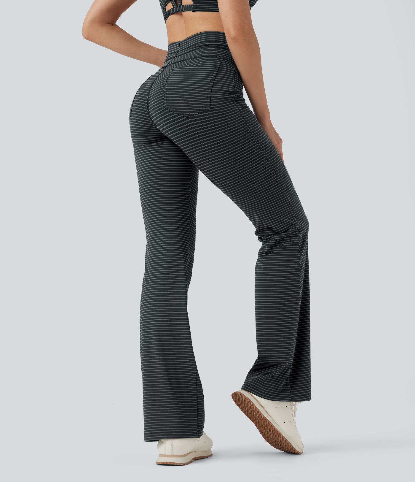 Pantalon de yoga évasé à rayures, taille haute, cordon et poches