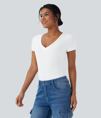 Ribbed Knit V-neck Short Sleeve Work Bodysuit