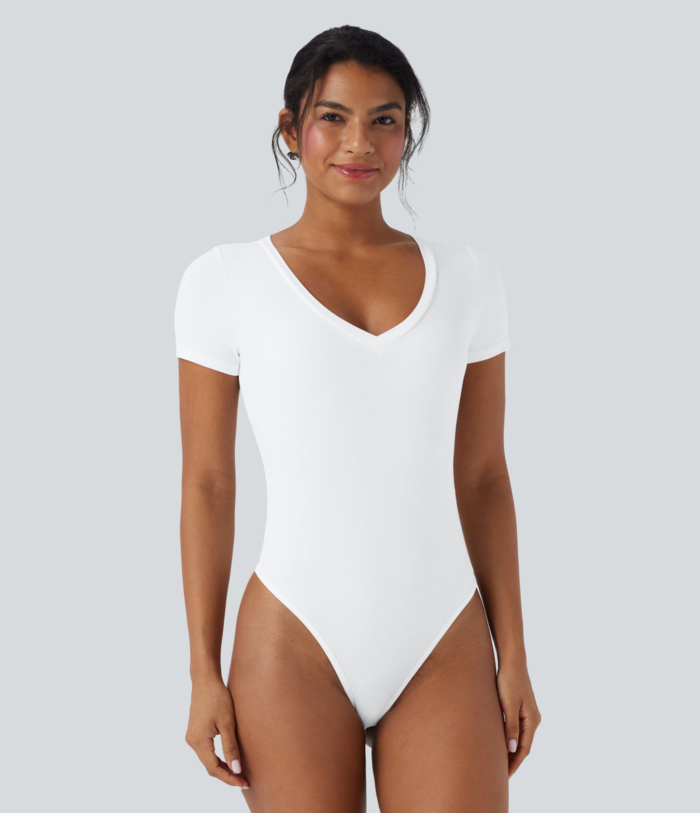 Ribbed Knit V-neck Short Sleeve Work Bodysuit