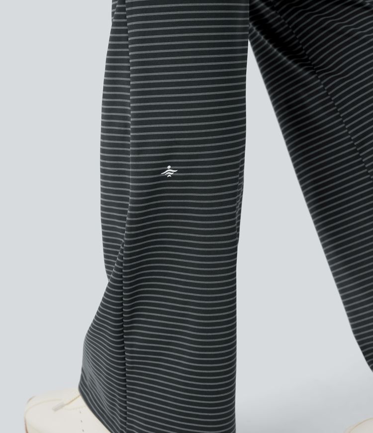 Pantalon de yoga évasé à rayures, taille haute, cordon et poches
