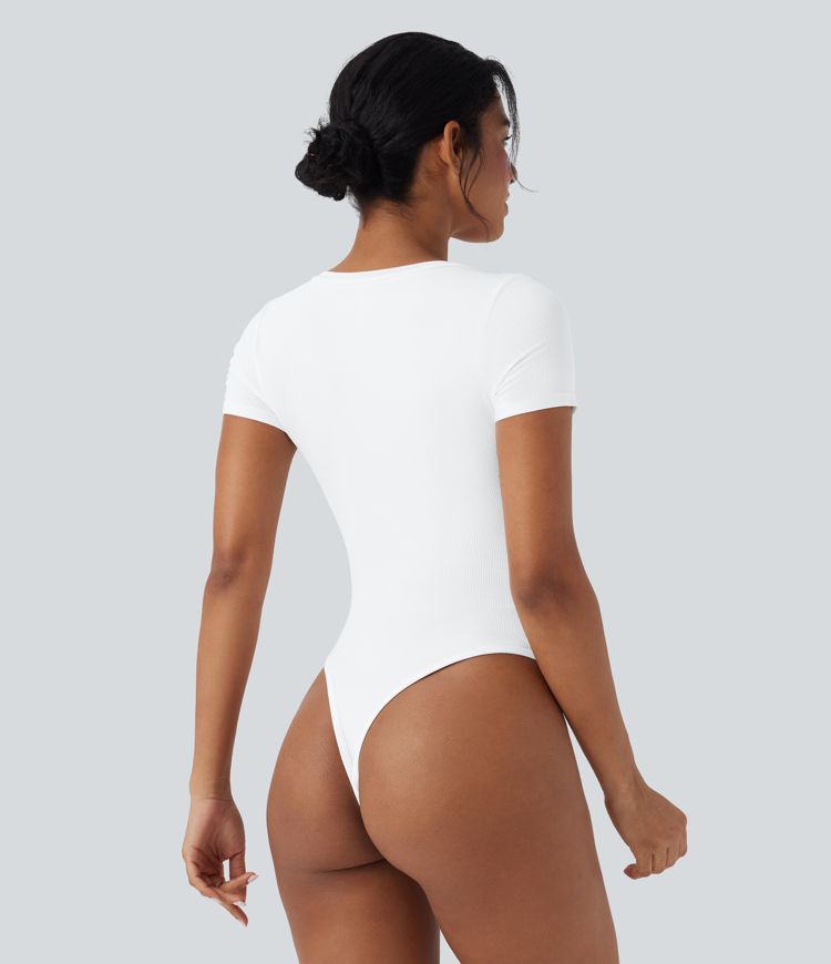 Ribbed Knit V-neck Short Sleeve Work Bodysuit