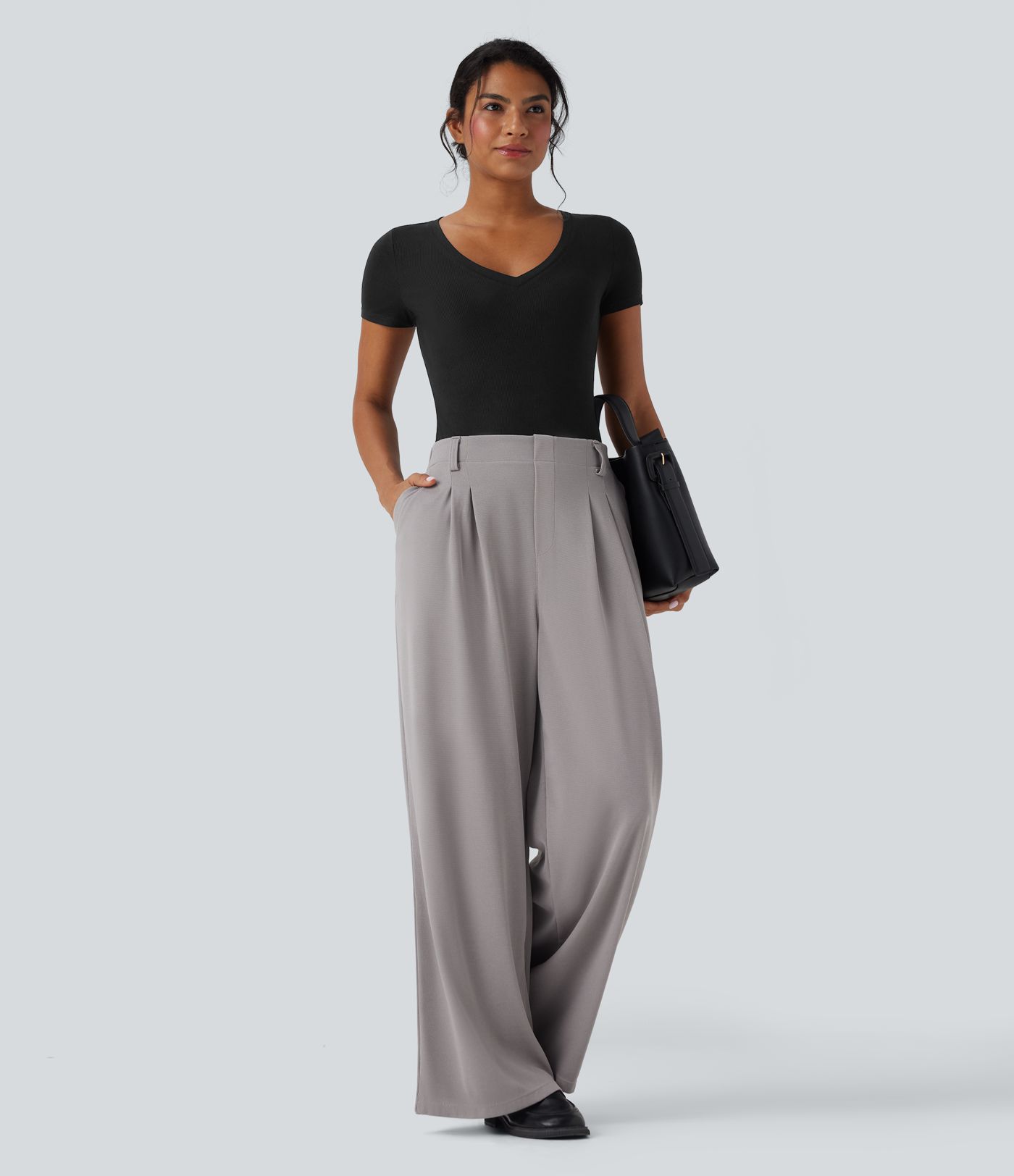 Ribbed Knit V-neck Short Sleeve Work Bodysuit