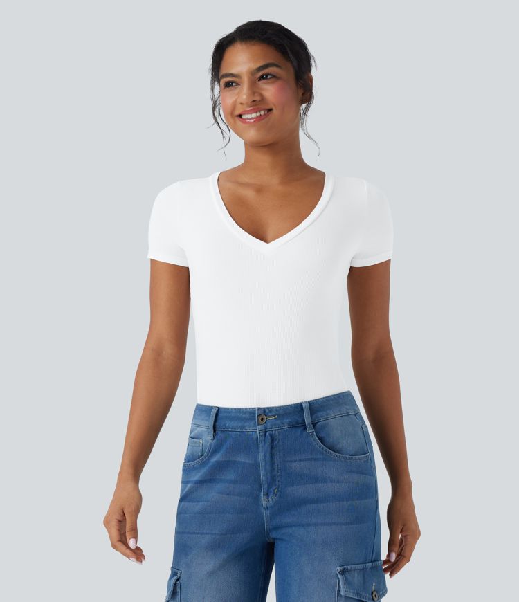 Ribbed Knit V-neck Short Sleeve Work Bodysuit