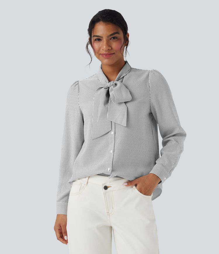 Camisa casual a rayas de manga larga con lazo frontal