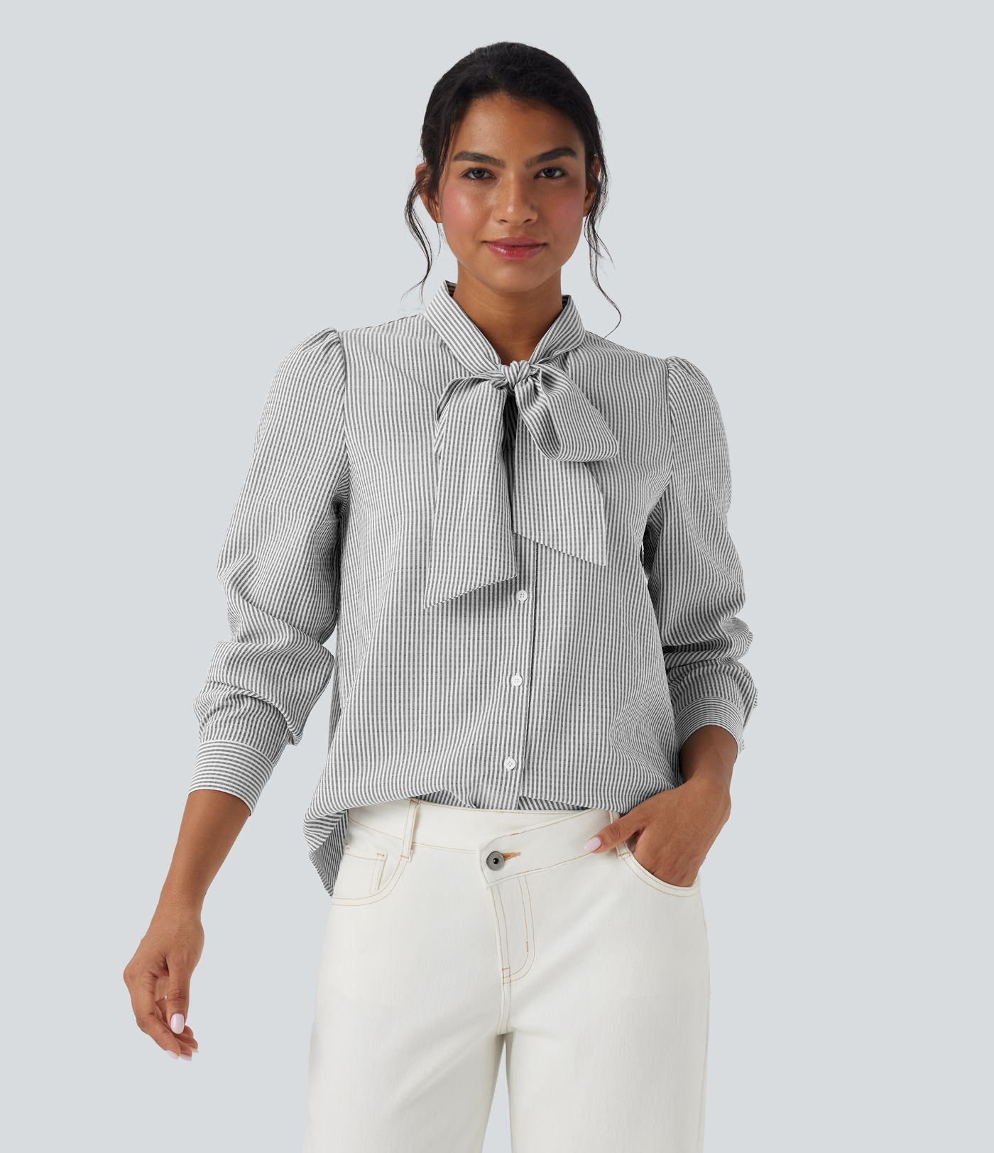 Camisa casual a rayas de manga larga con lazo frontal