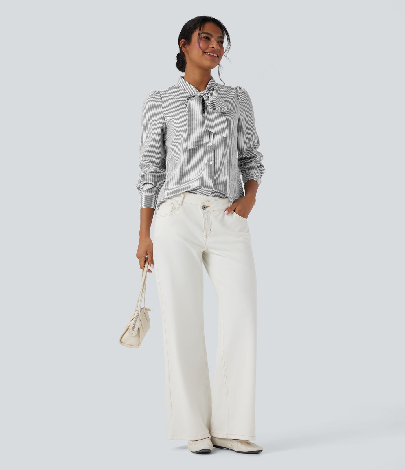 Camisa casual a rayas de manga larga con lazo frontal