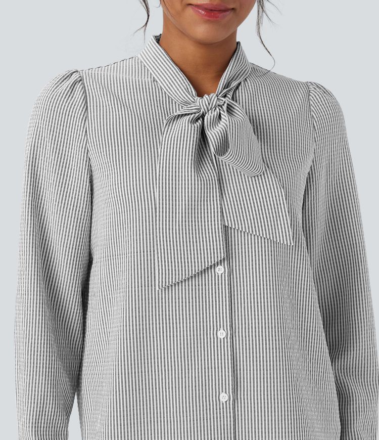 Camisa casual a rayas de manga larga con lazo frontal