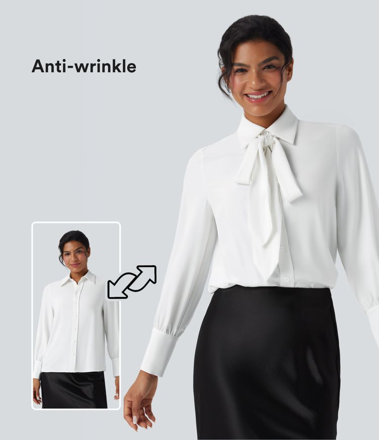 Anti-wrinkle Tie Neck Long Sleeve Casual Chiffon Shirt
