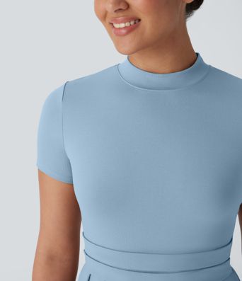 Stand Collar Short Sleeve Pocket Flare Maxi Casual Dress