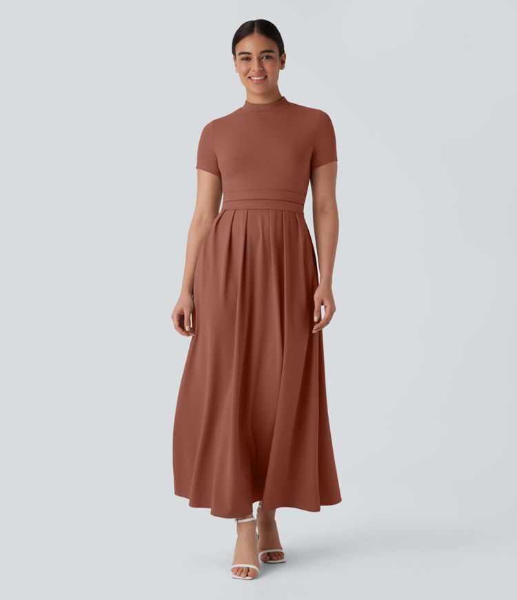 Stand Collar Short Sleeve Side Pocket Flare Maxi Casual Dress