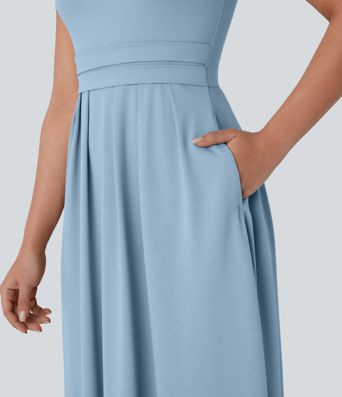 Stand Collar Short Sleeve Pocket Flare Maxi Casual Dress