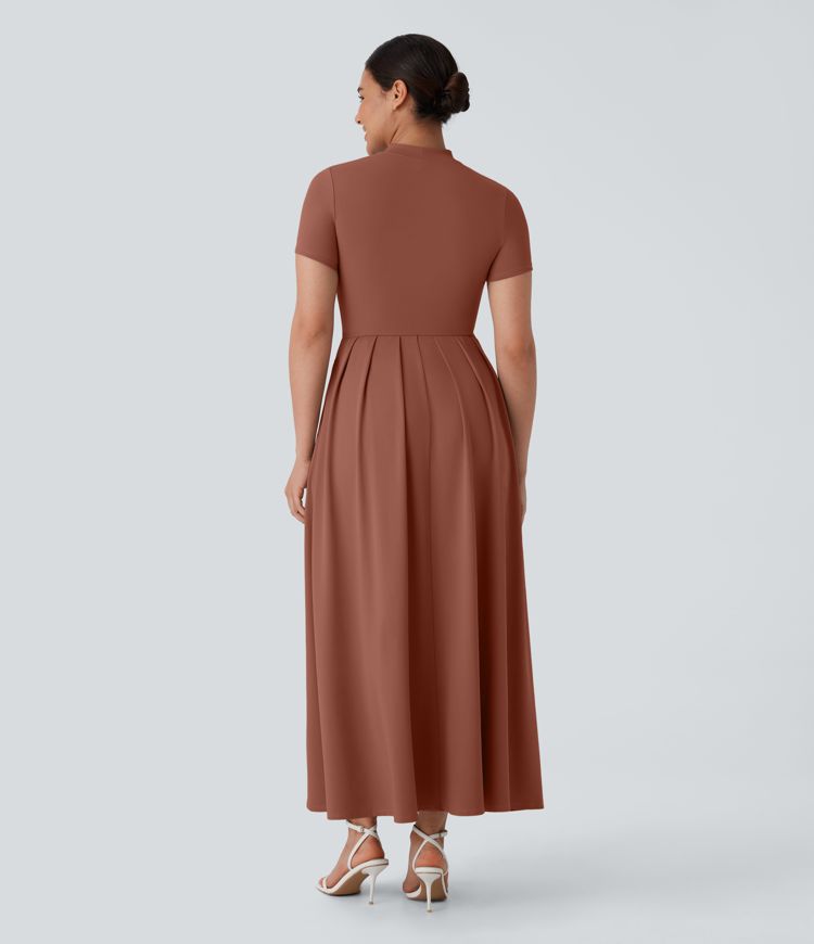 Stand Collar Short Sleeve Side Pocket Flare Maxi Casual Dress