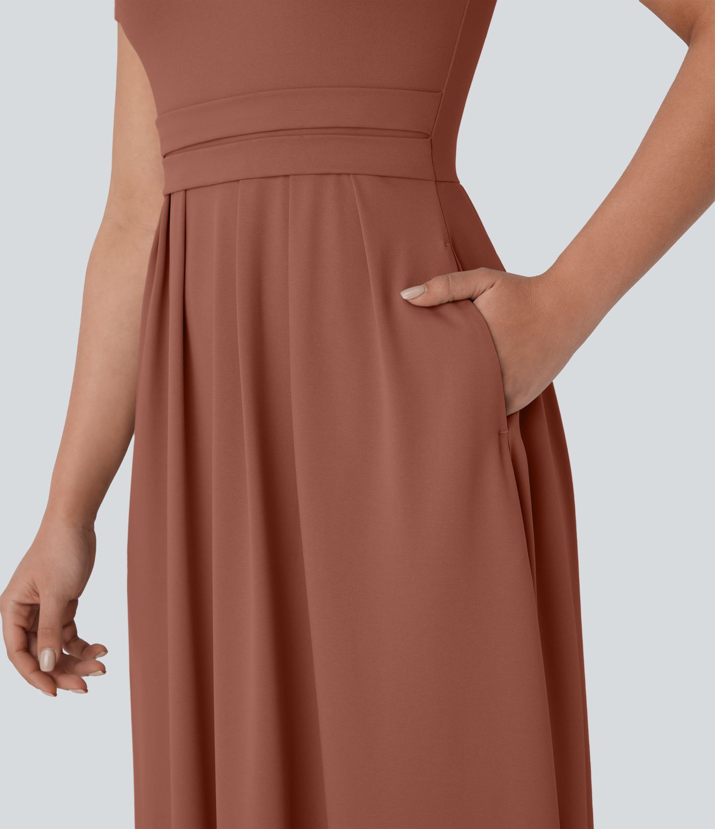 Stand Collar Short Sleeve Side Pocket Flare Maxi Casual Dress