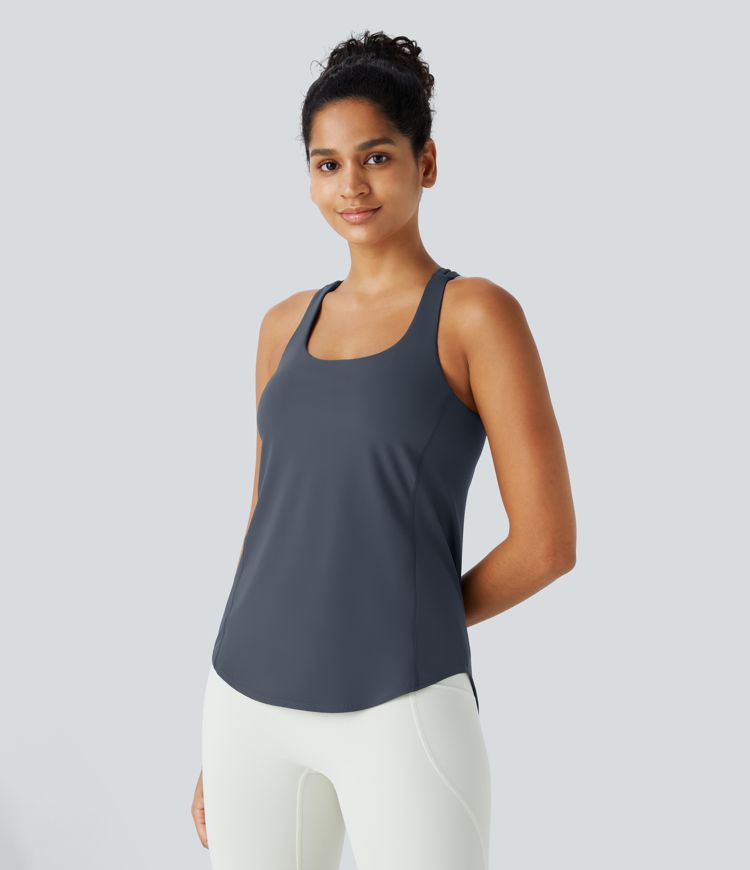 UltraSculpt U Neck Backless Crisscross Curved Hem Running Tank Top