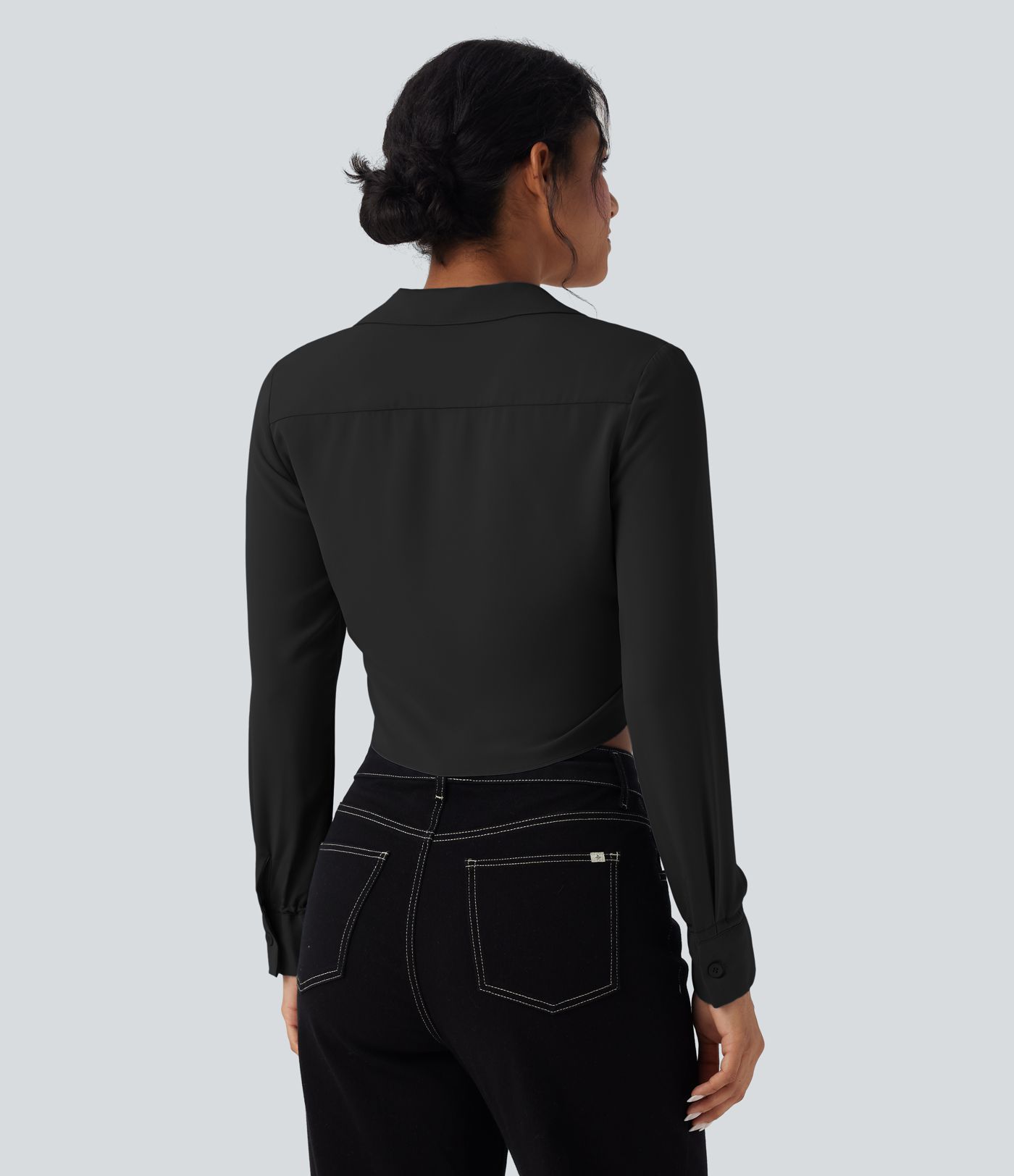 Tie Front Long Sleeve Cropped Casual Blouse