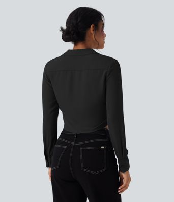 Tie Front Long Sleeve Cropped Casual Blouse