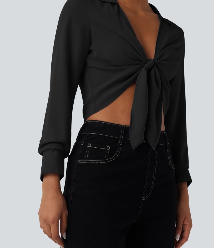 Tie Front Long Sleeve Cropped Casual Blouse