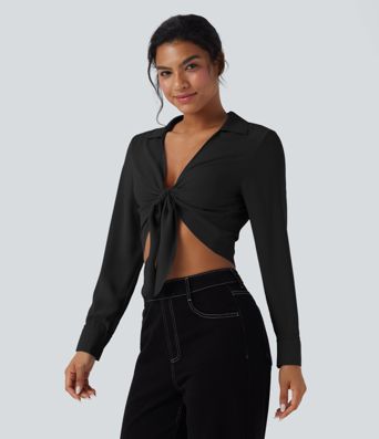 Tie Front Long Sleeve Cropped Casual Blouse