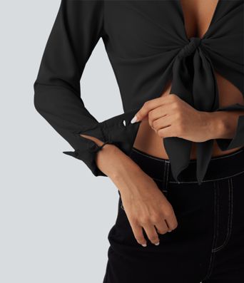 Tie Front Long Sleeve Cropped Casual Blouse
