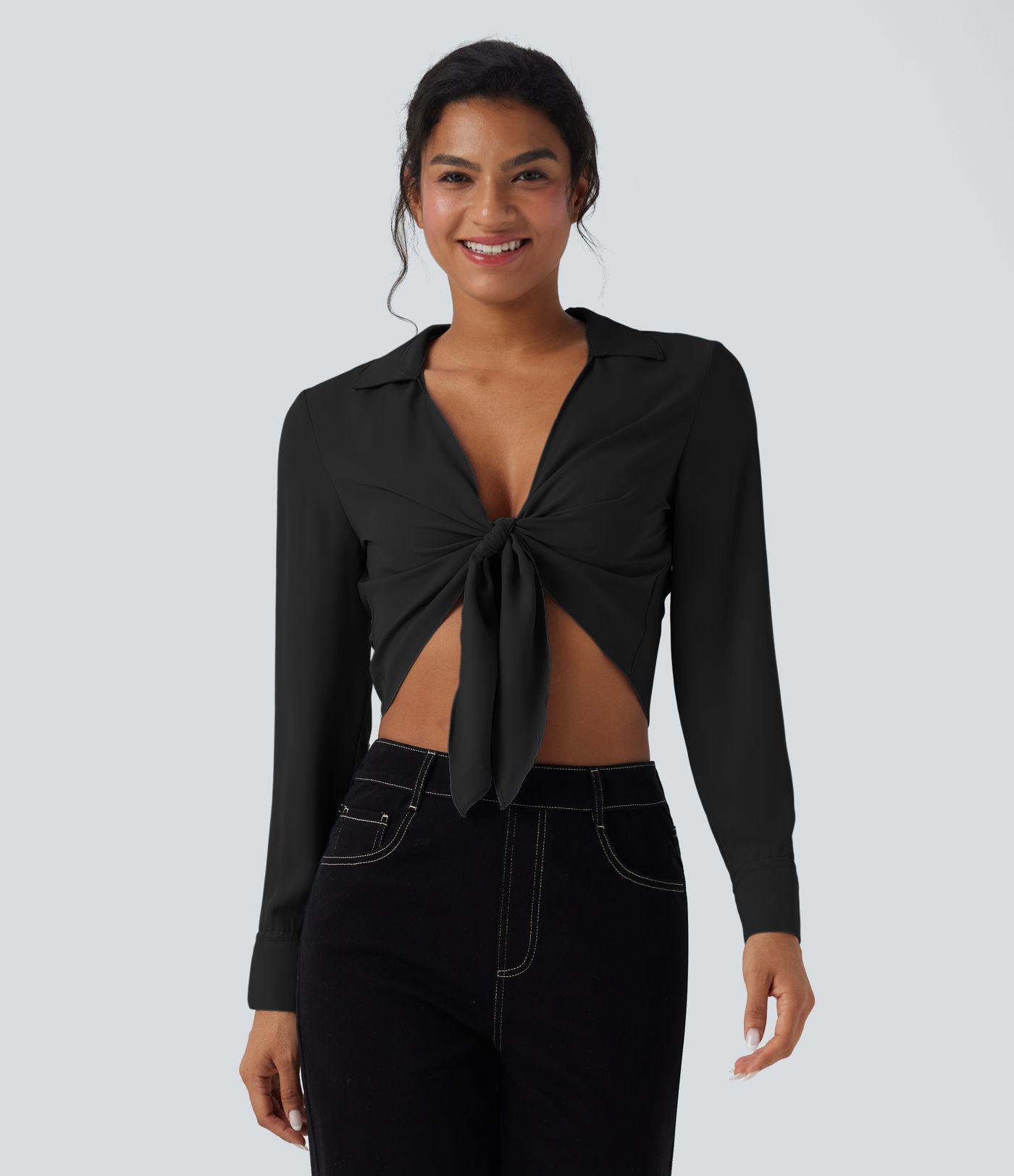 Tie Front Long Sleeve Cropped Casual Blouse