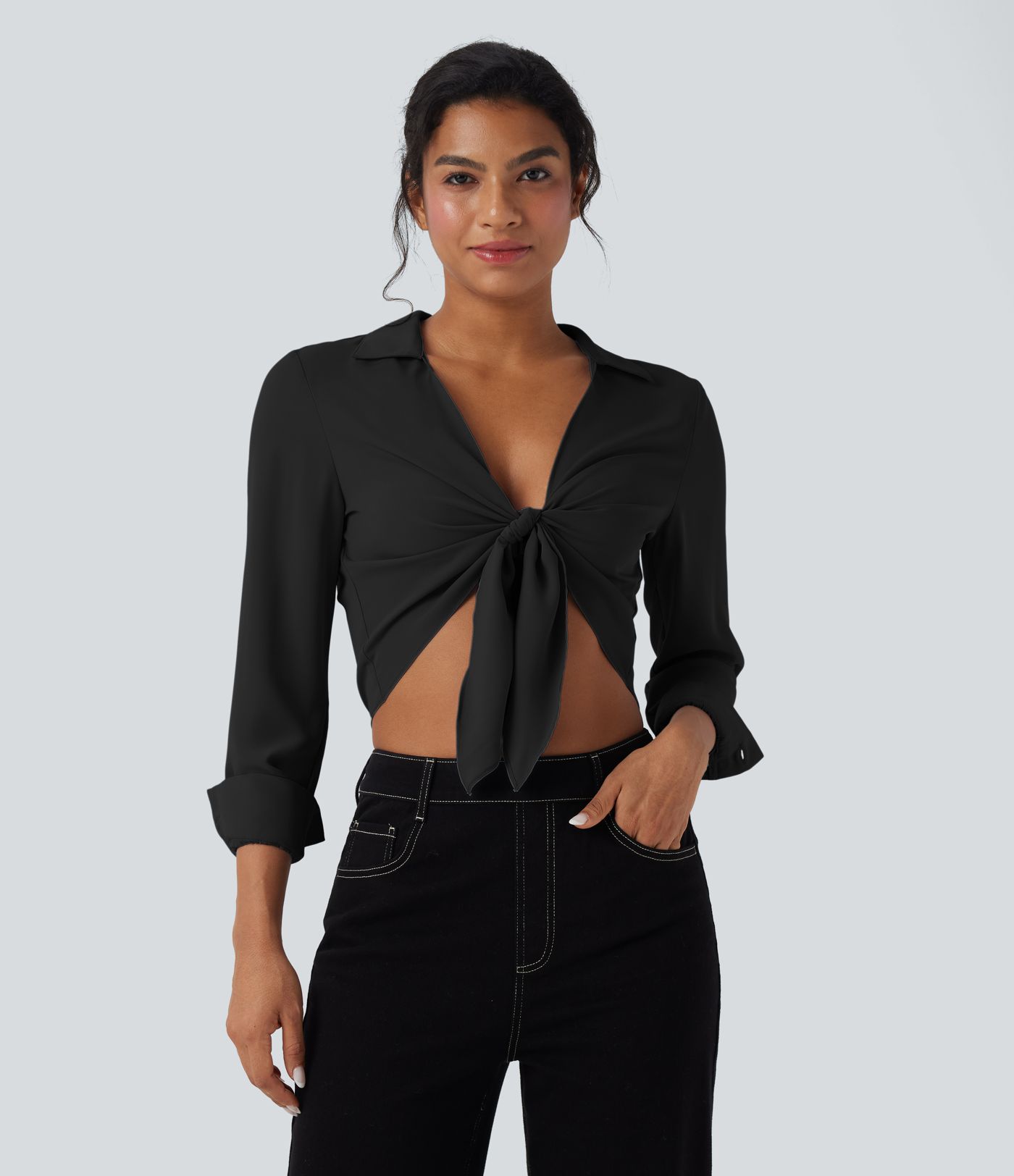 Tie Front Long Sleeve Cropped Casual Blouse