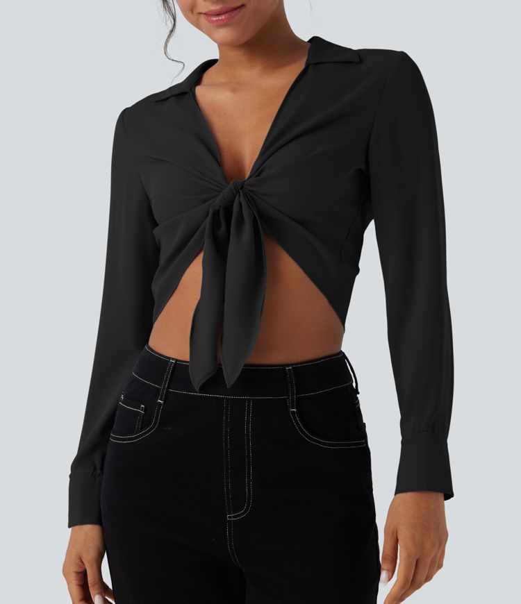 Tie Front Long Sleeve Cropped Casual Blouse
