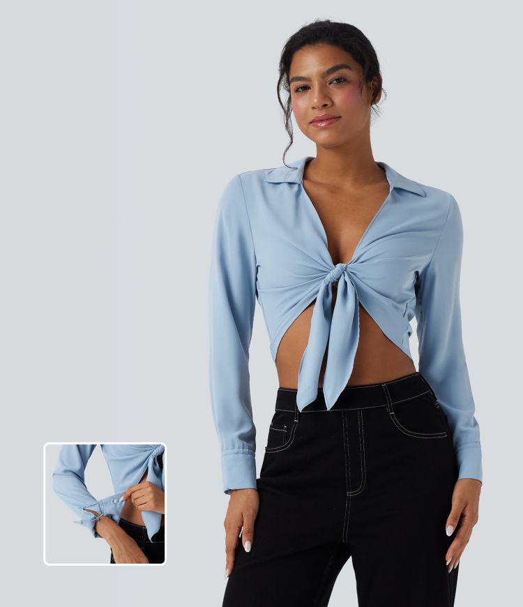 Tie Front Long Sleeve Cropped Casual Blouse