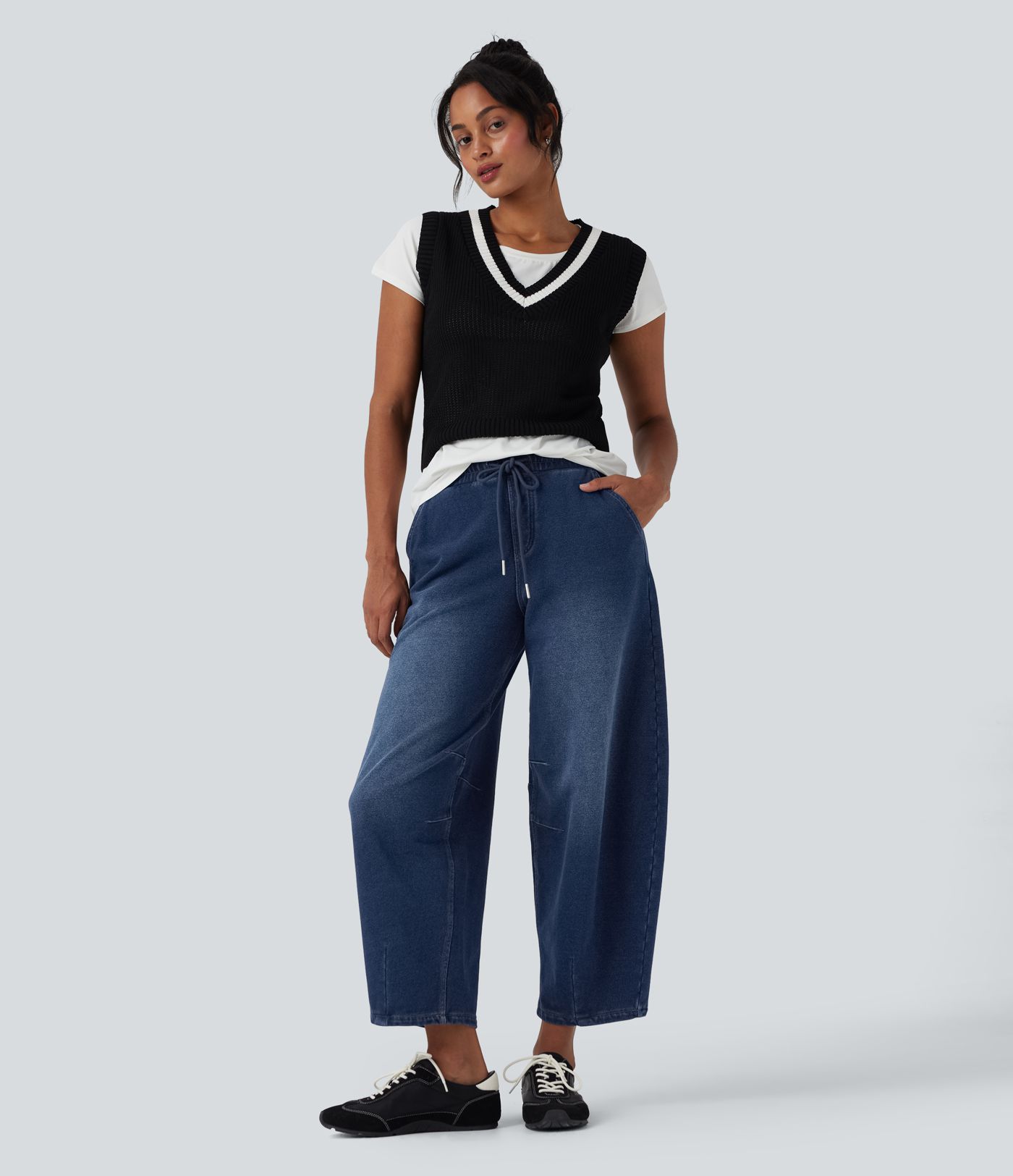 Halara Flex™ Mid Rise Kordelzug Barrel Leg Lässige French Terry Jogginghose Jeans mit Taschen