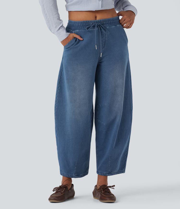 Halara Flex™ Mid Rise Drawstring Barrel Leg Casual French Terry Sweatpants Jeans with Pockets