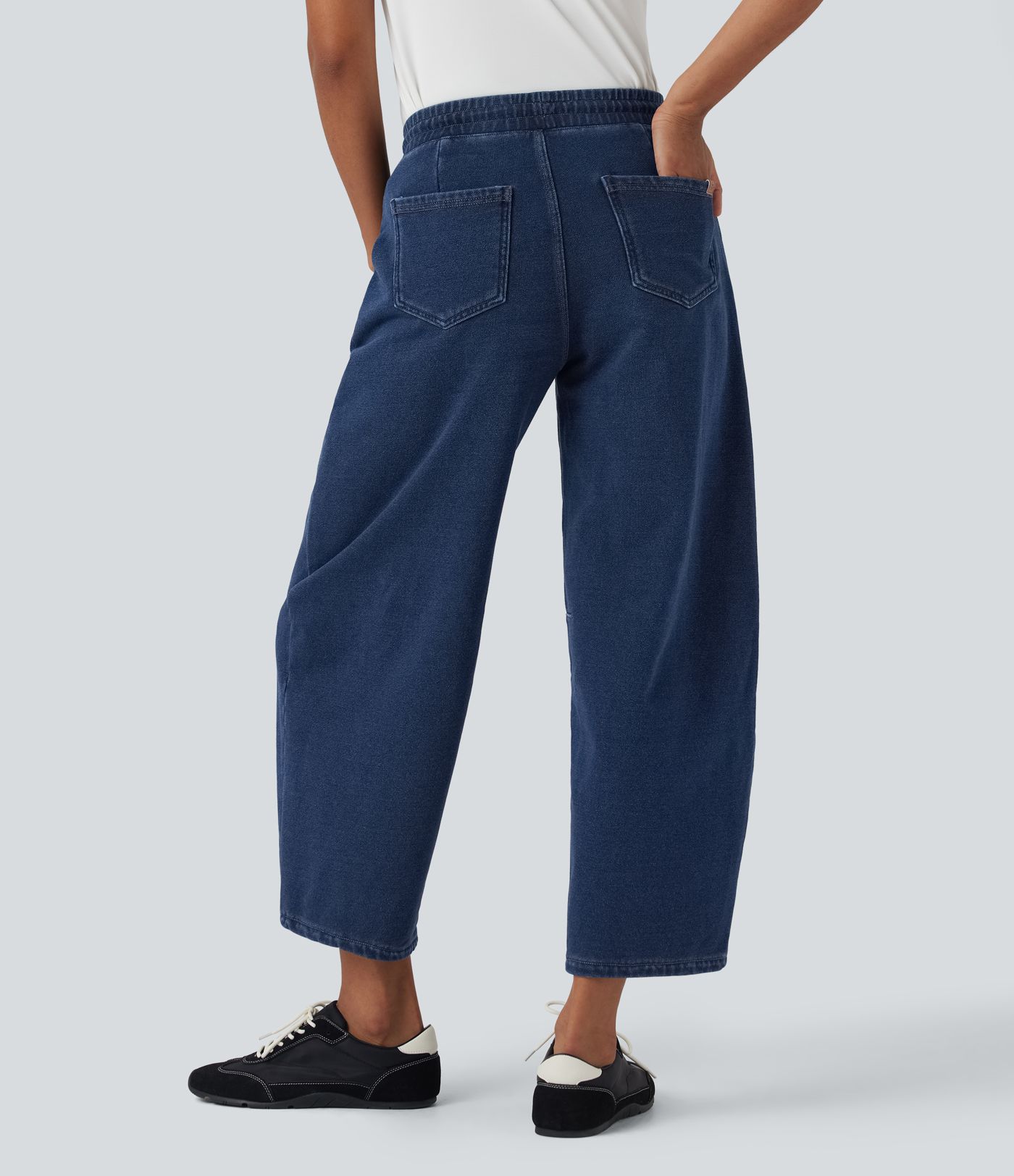 Halara Flex™ Mid Rise Kordelzug Barrel Leg Lässige French Terry Jogginghose Jeans mit Taschen