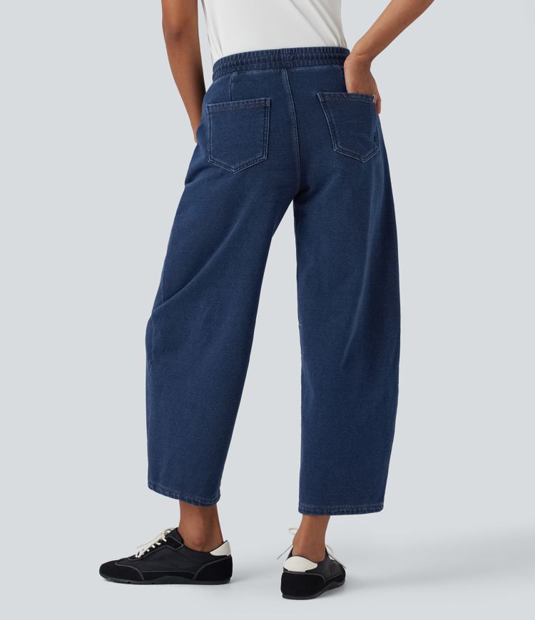 Halara Flex™ Mid Rise Kordelzug Barrel Leg Lässige French Terry Jogginghose Jeans mit Taschen
