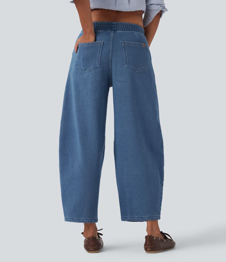 Halara Flex™ Mid Rise Drawstring Barrel Leg Casual French Terry Sweatpants Jeans with Pockets