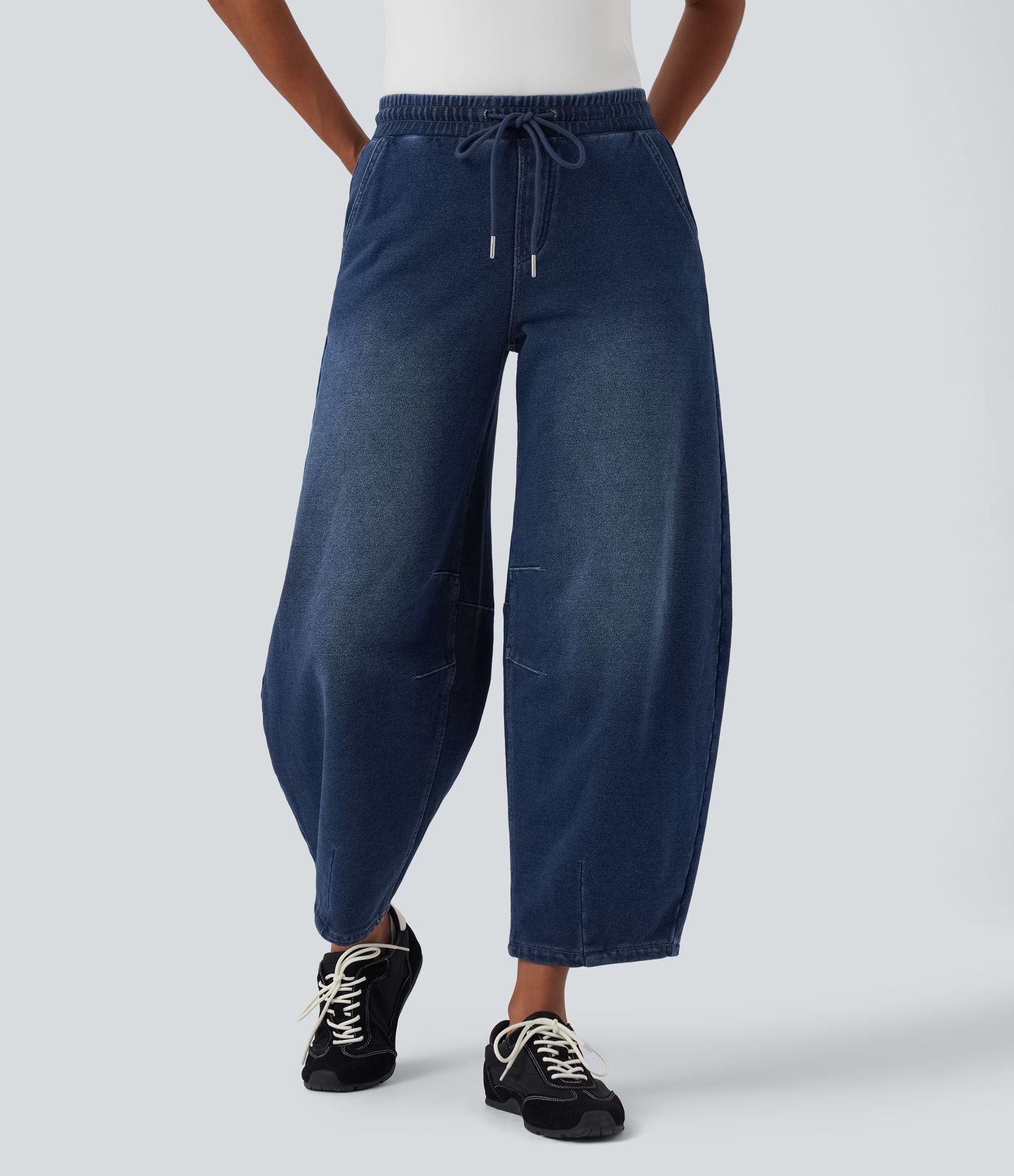 Halara Flex™ Mid Rise Kordelzug Barrel Leg Lässige French Terry Jogginghose Jeans mit Taschen