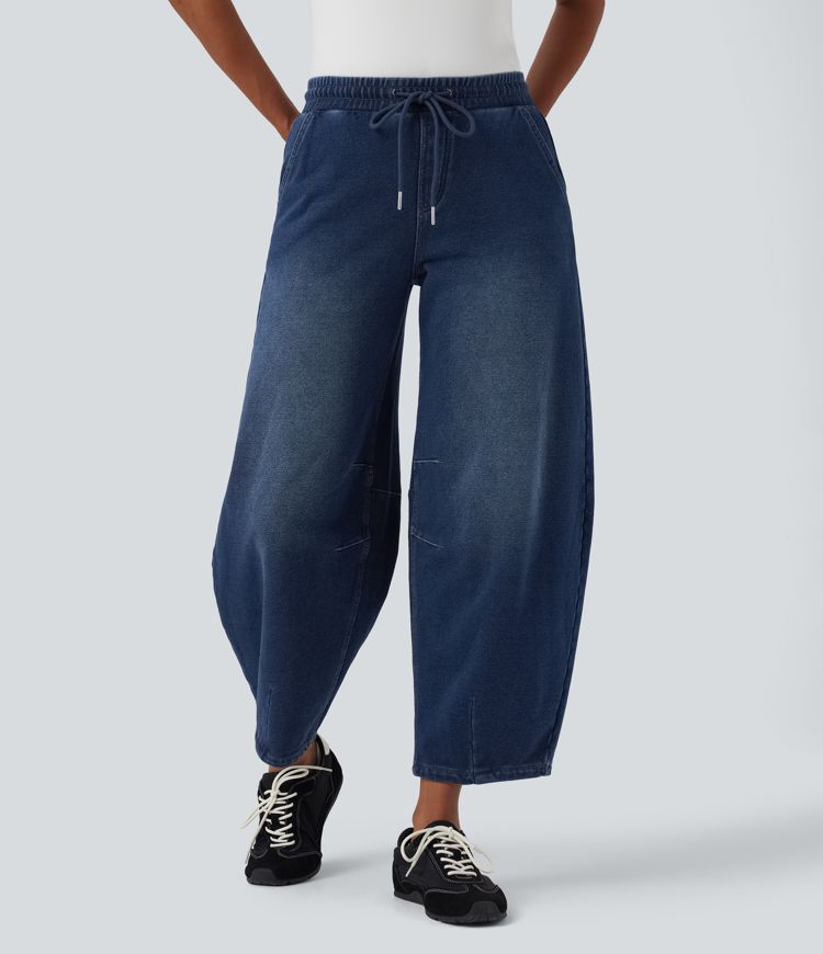 Halara Flex™ Mid Rise Drawstring Barrel Leg Casual French Terry Sweatpants Jeans with Pockets