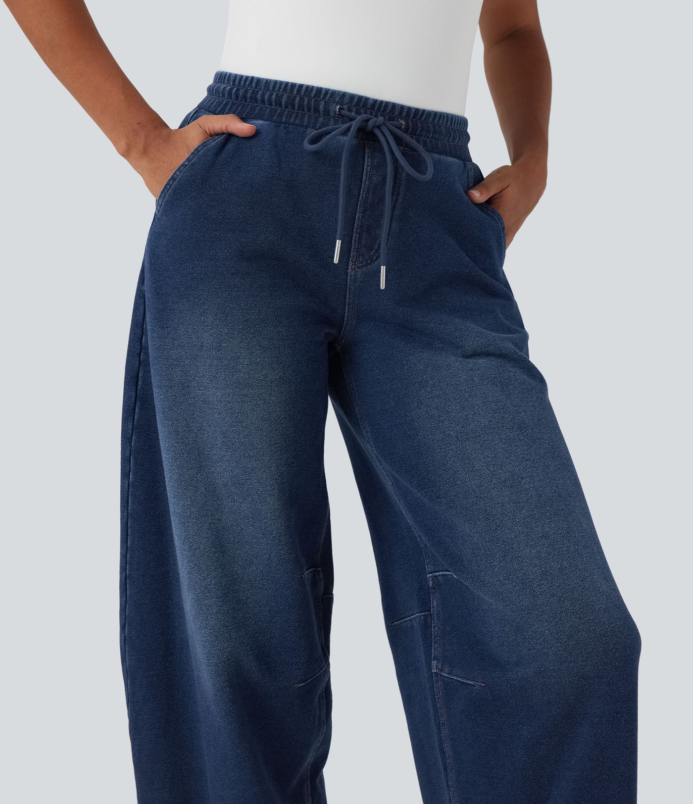 Halara Flex™ Mid Rise Kordelzug Barrel Leg Lässige French Terry Jogginghose Jeans mit Taschen