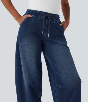 Halara Flex™ Mid Rise Kordelzug Barrel Leg Lässige French Terry Jogginghose Jeans mit Taschen