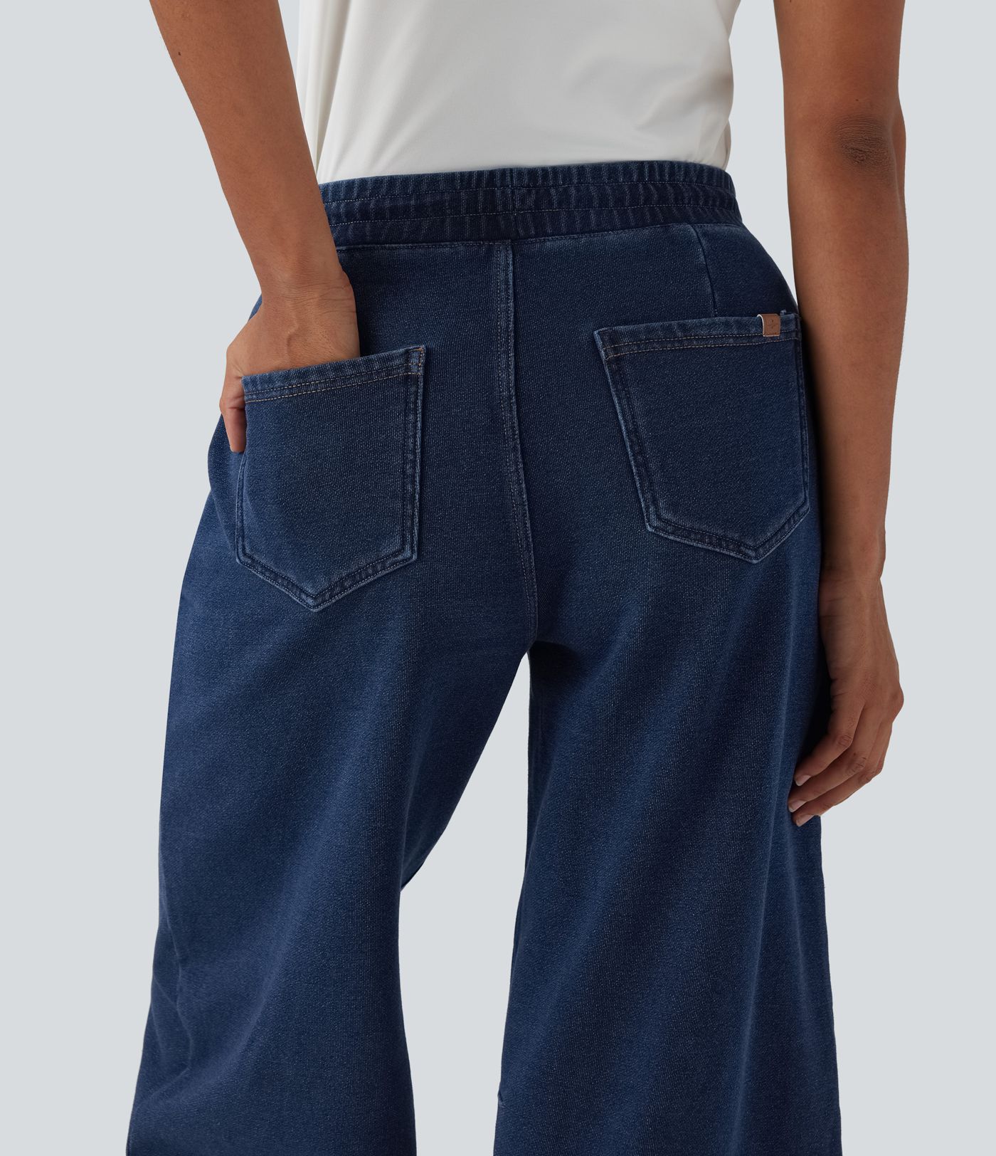 Halara Flex™ Mid Rise Kordelzug Barrel Leg Lässige French Terry Jogginghose Jeans mit Taschen